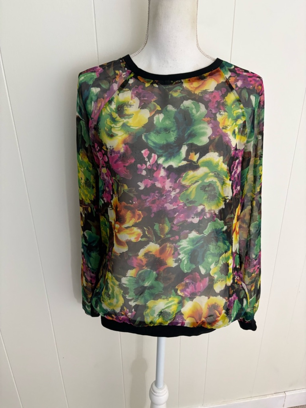 Floral Sheer Long-Sleeve Top - Black with Green & Yellow Floral Print